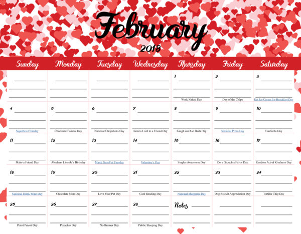 Free-Printable-Calendar-For-February-2018-with-holidays-600x467 Monthly Free Printable Calendars for 2018