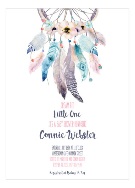 Boho-Feathers-Dream-Catcher-Baby-Shower-Invitations-Front-1-429x600 Baby Shower Wording Ideas
