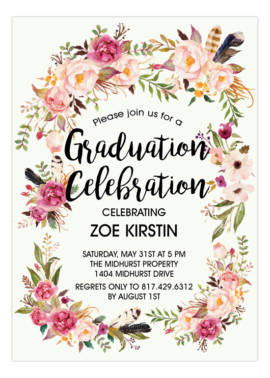 NP57GD1838-Boho-Feathers-and-Floral-Wreath-Graduation-Invitations